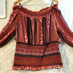 VENUS 3X Printed Boho Smocked Top